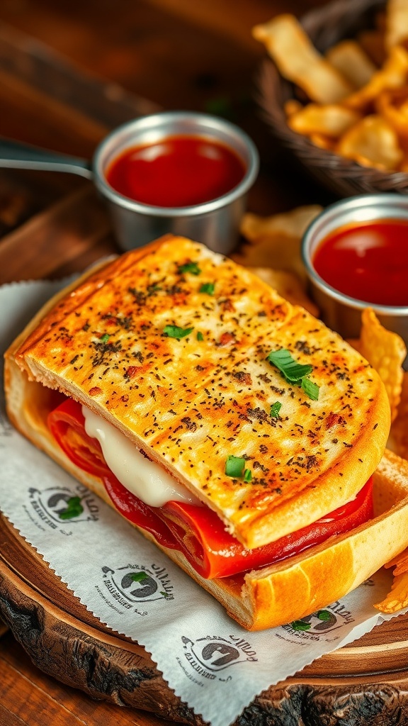 Garlic bread sandwich filled with cheese and tomatoes, served with potato chips and marinara sauce.